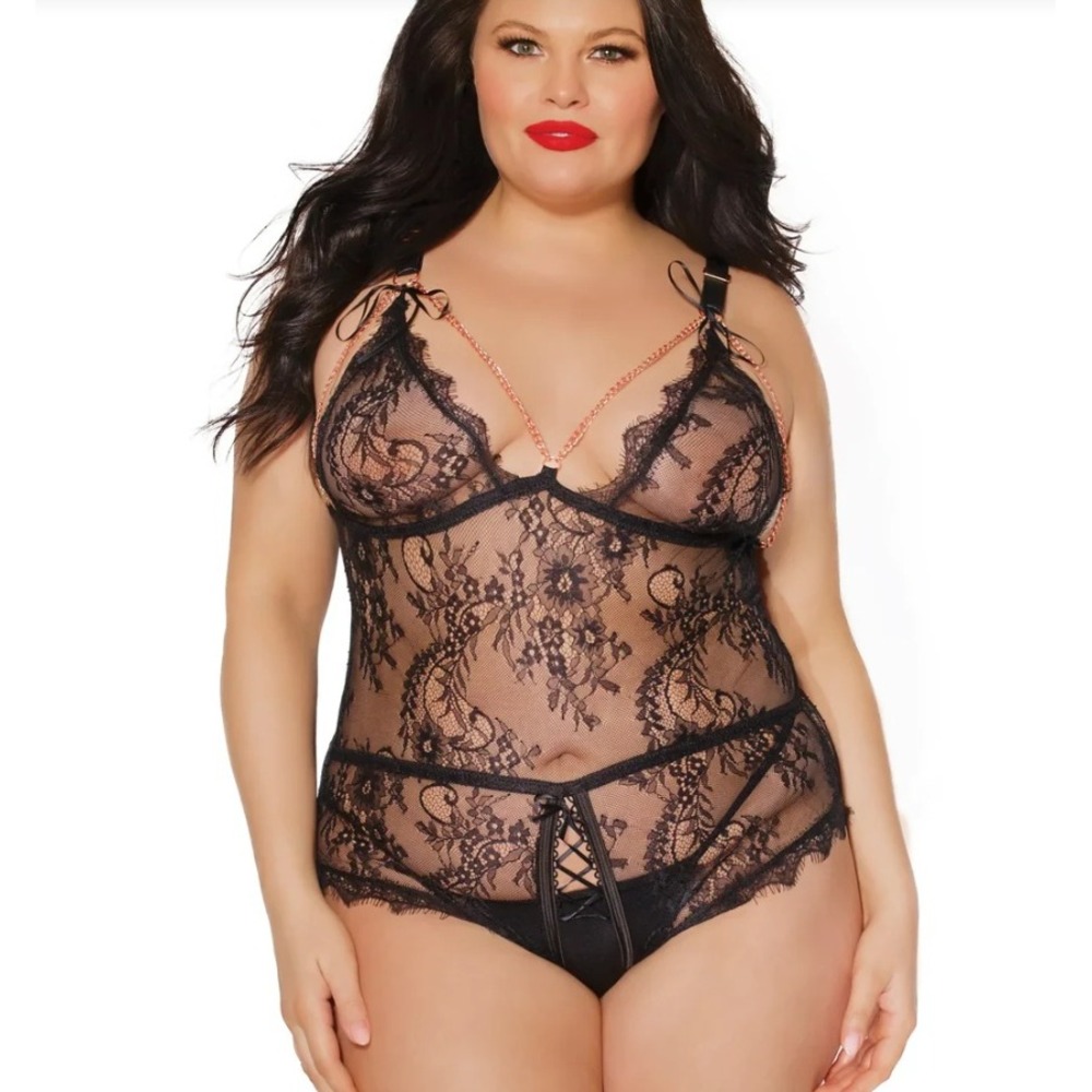 Coquette Anything Goes Crotchless Teddy‎ OS Black NEW Lace Rose Gold Chain Sexy